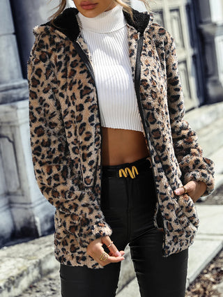 Abrigo de felpa con estampado de leopardo para mujer con capucha