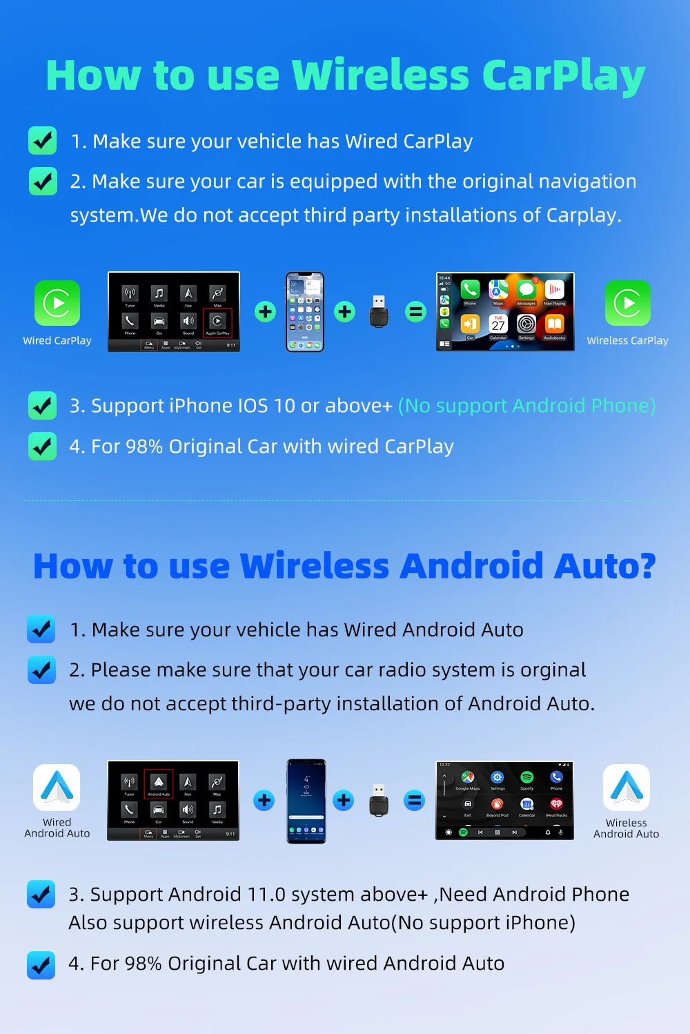 Adaptador inalámbrico CarPlay Android Auto 2 en 1, Dongle para coche, conexión automática Plug & Play para iPhone y Android, coche con cable de fábrica