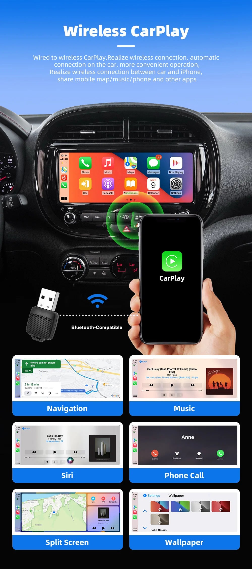 Adaptador inalámbrico CarPlay Android Auto 2 en 1, Dongle para coche, conexión automática Plug & Play para iPhone y Android, coche con cable de fábrica