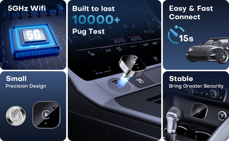 Dongle inalámbrico CarPlay y Android Auto, conexión automática rápida, Plug & Play compacto para iPhone/Android, USB/USB-C, sin retardo, negro (1
