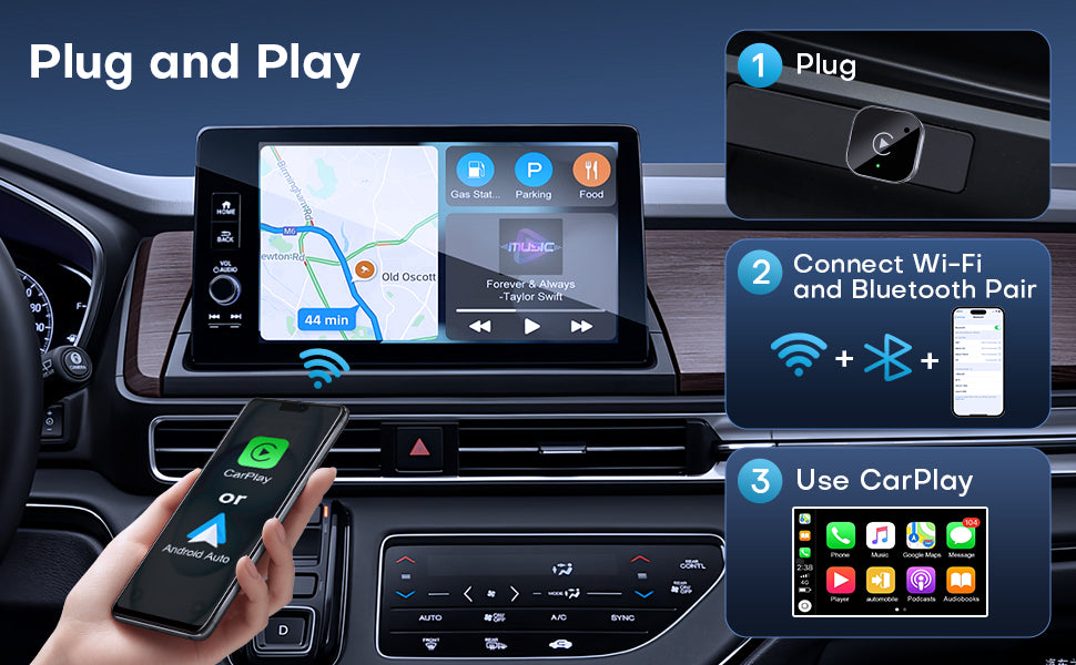 Dongle inalámbrico CarPlay y Android Auto, conexión automática rápida, Plug & Play compacto para iPhone/Android, USB/USB-C, sin retardo