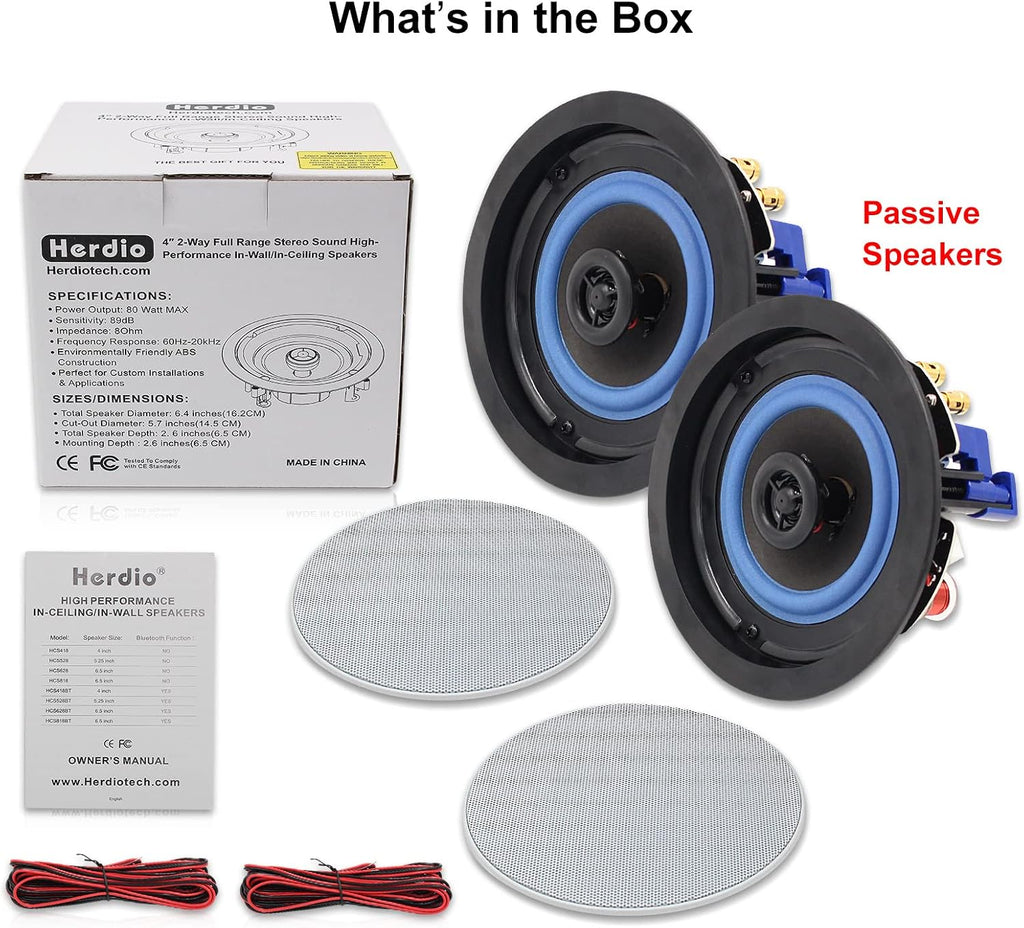 Altavoz de Techo Herdio de 4 Pulgadas, 160W, 2 Vías, Empotrable, Pasivo, con Audio Integrado, Ideal para Baño, Cocina, Oficina, Sala de Estar
