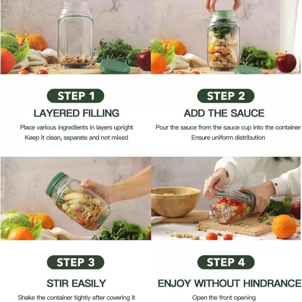 1 recipiente con apertura lateral para preparar y almacenar ensaladas, práctico contenedor para el almuerzo con caja para condimentos, adecuado para la oficina y viajes.