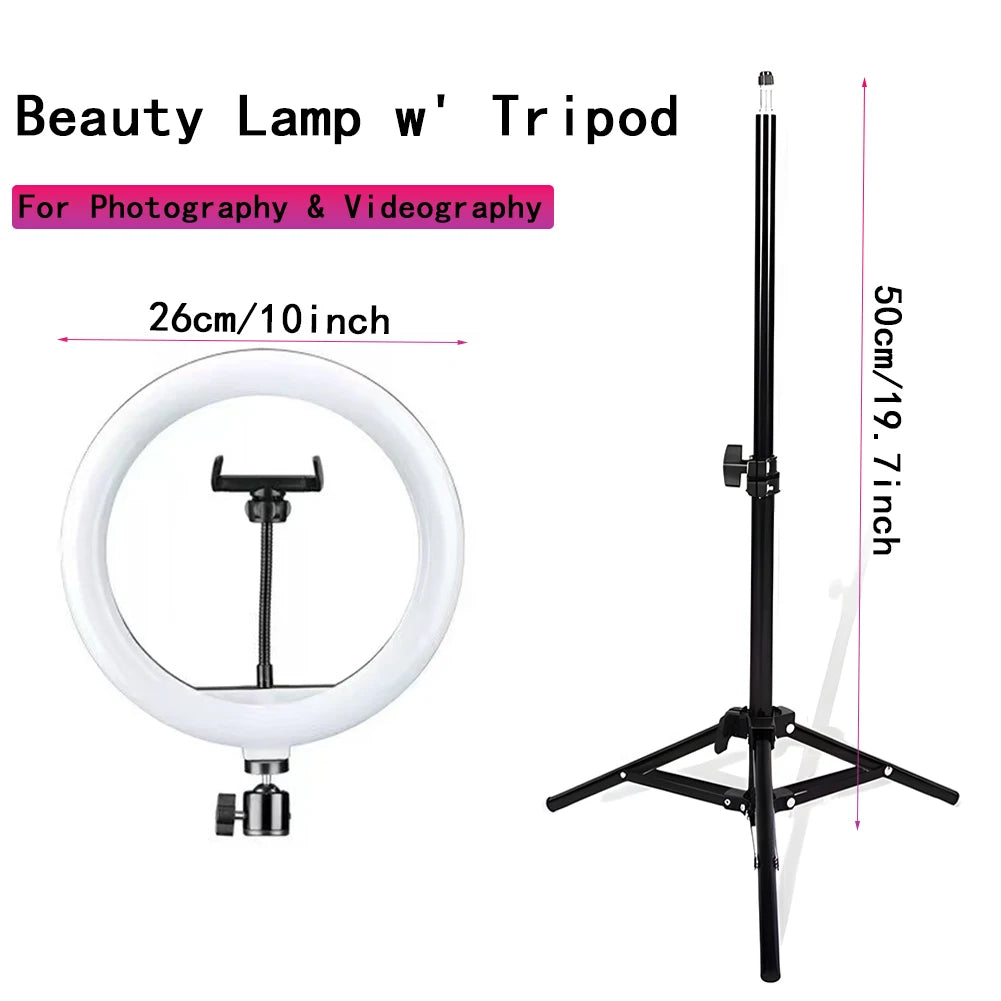 Lámpara de Belleza MYOBO de 10 Pulgadas y Kit de Trípode Plegable de 55 cm, Anillo de Luz LED Regulable para Fotografía/Vlogging/Transmisión en Vivo/Maquillaje/YouTube