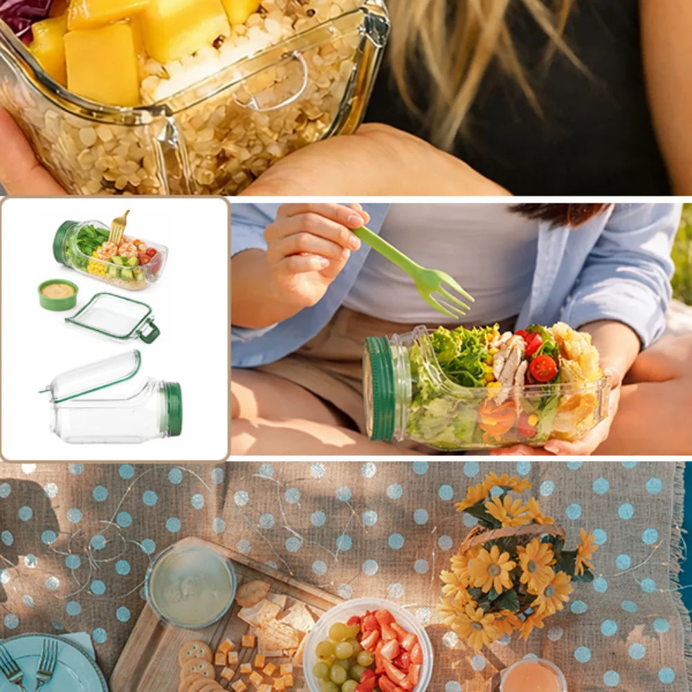 1 recipiente con apertura lateral para preparar y almacenar ensaladas, práctico contenedor para el almuerzo con caja para condimentos, adecuado para la oficina y viajes.