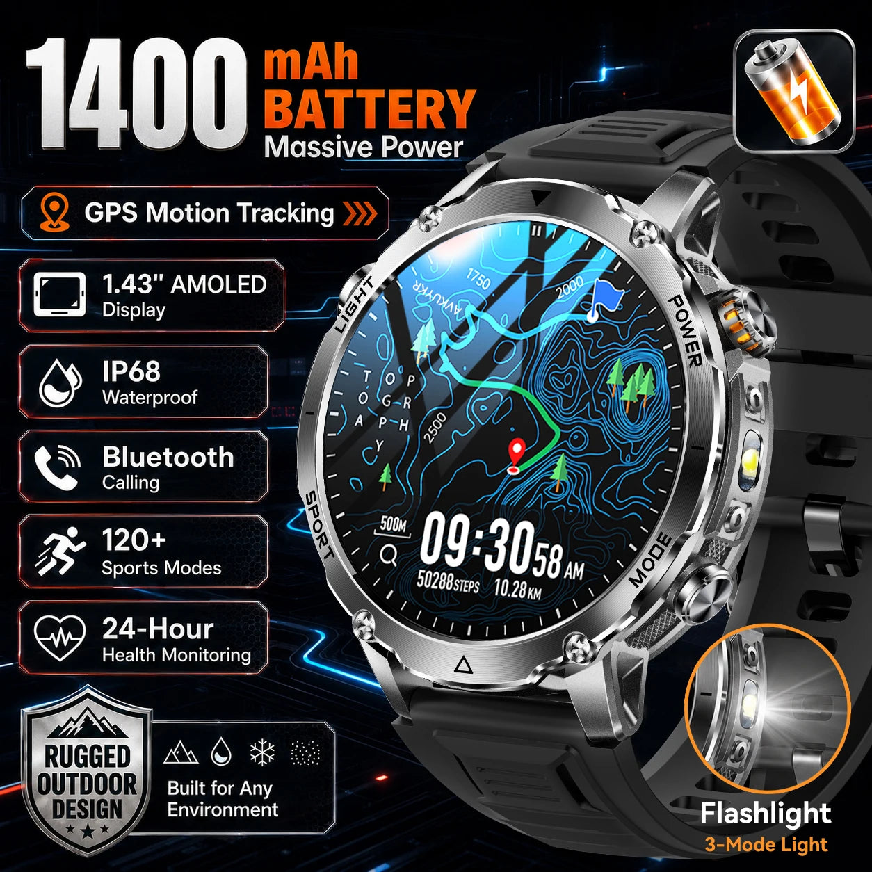 Relojes Inteligentes GPS 1400mAh AMOLED Linterna