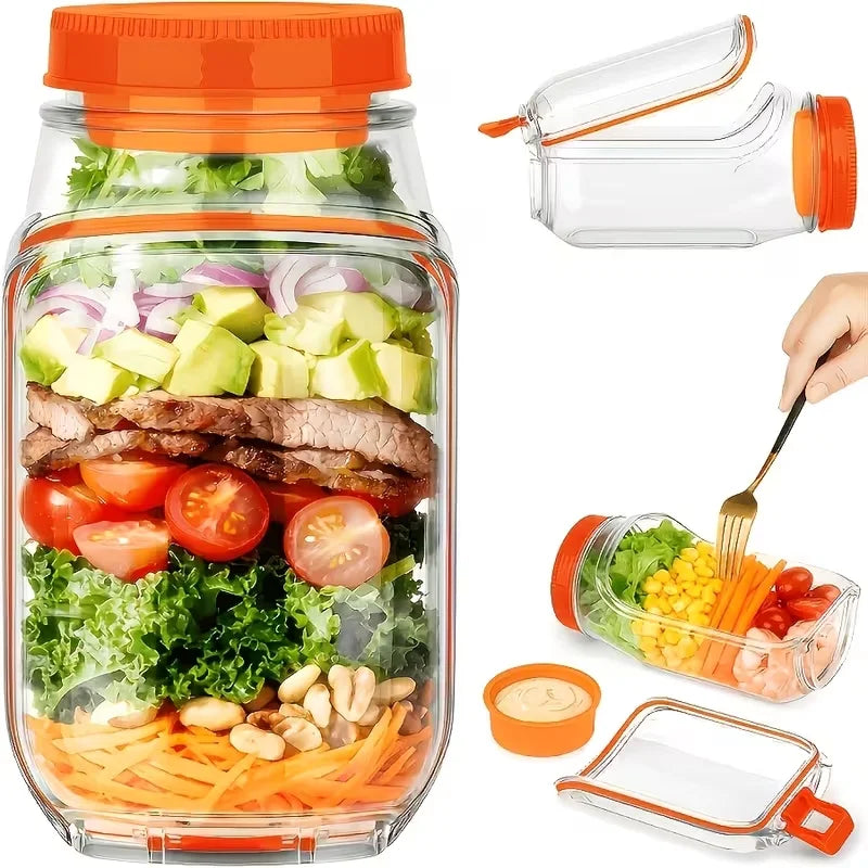 1 recipiente con apertura lateral para preparar y almacenar ensaladas, práctico contenedor para el almuerzo con caja para condimentos, adecuado para la oficina y viajes.
