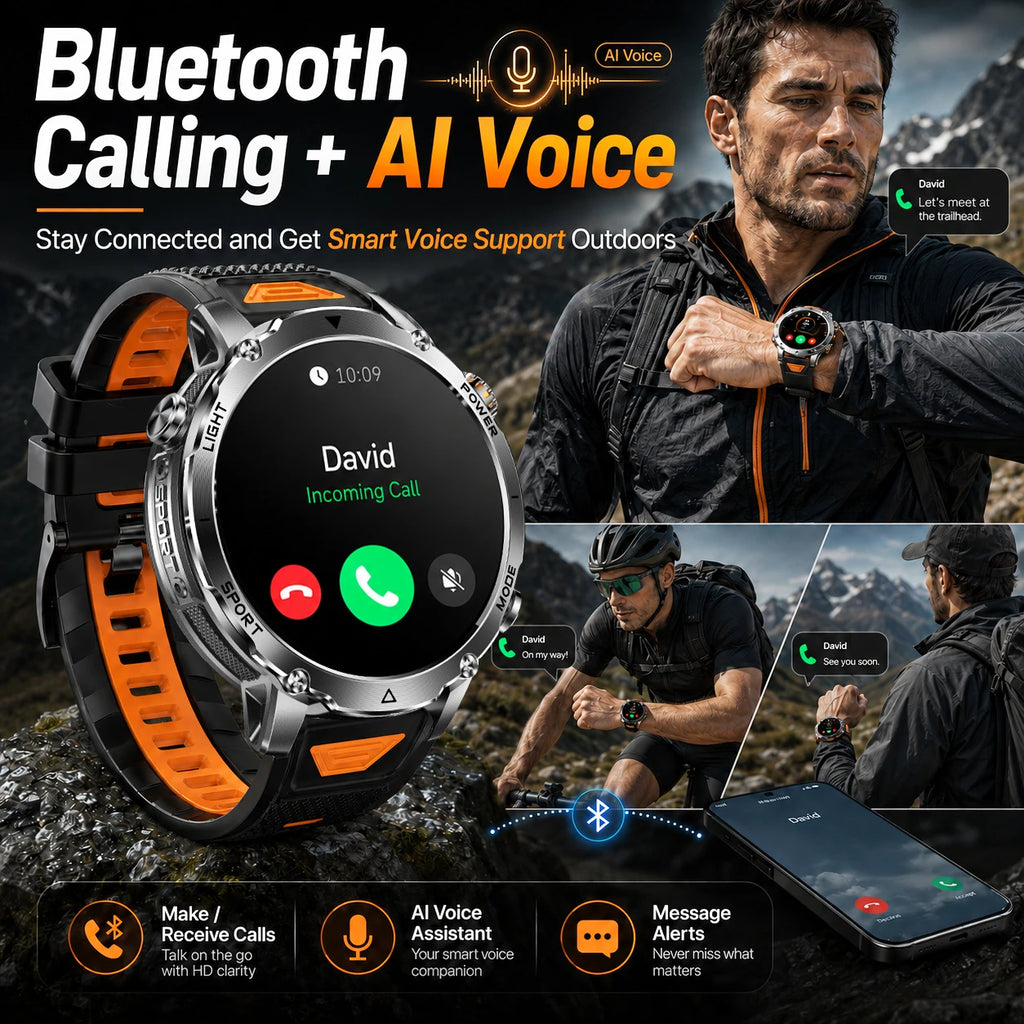 Reloj Inteligente para Senderismo y Camping al Aire Libre, Batería de 1400 mAh, Resistente al Agua IP69K, Linterna LED, Llamadas Bluetooth, Voz AI, 120 Deportes, Reloj para Hombre
