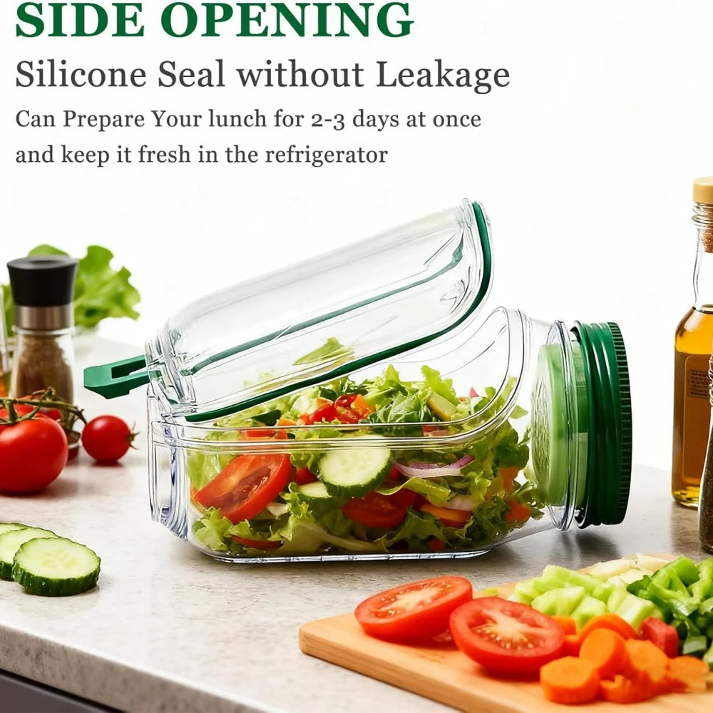 1 recipiente con apertura lateral para preparar y almacenar ensaladas, práctico contenedor para el almuerzo con caja para condimentos, adecuado para la oficina y viajes.