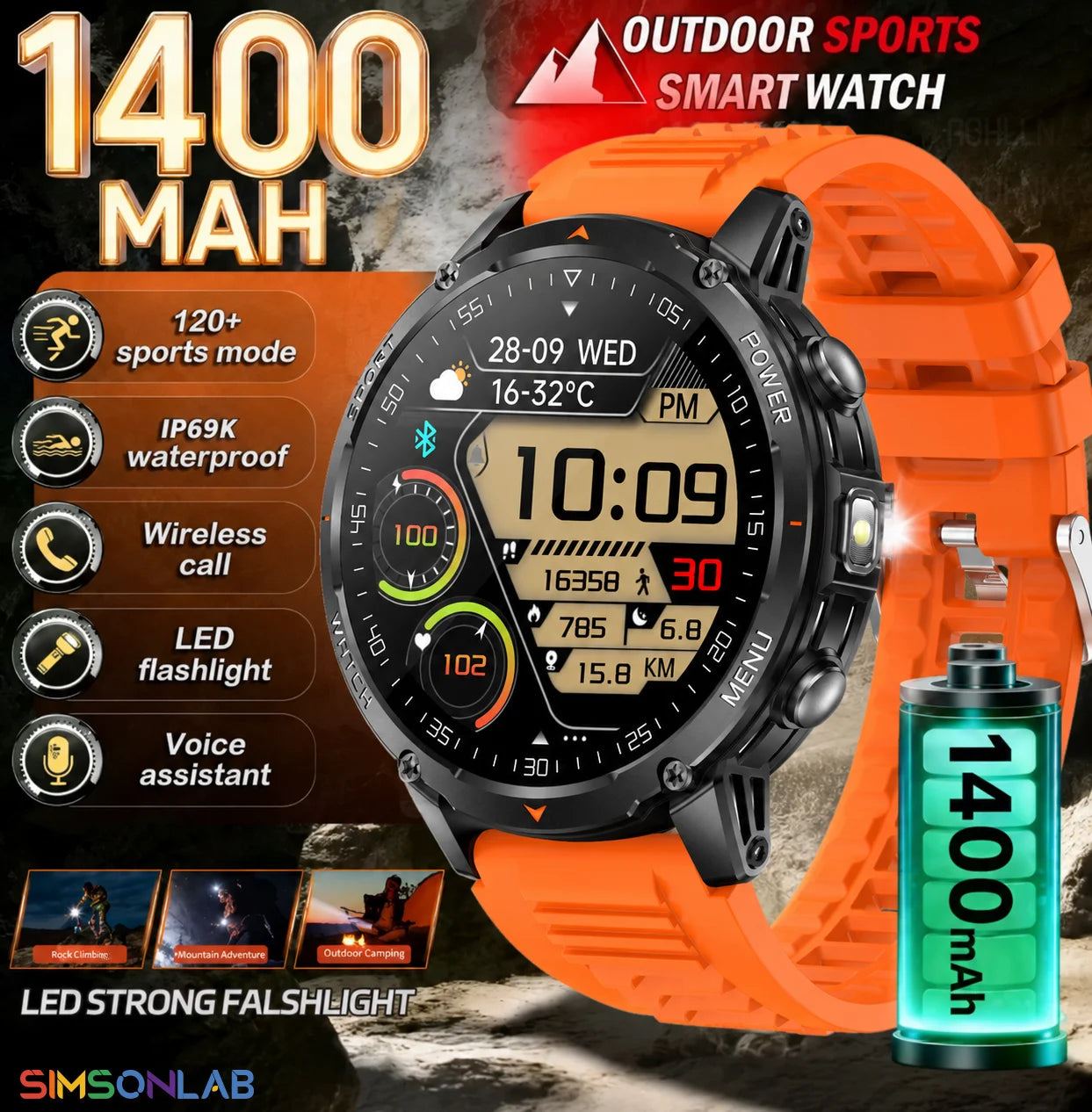 Reloj Inteligente Militar 1400mAh 10ATM Bluetooth