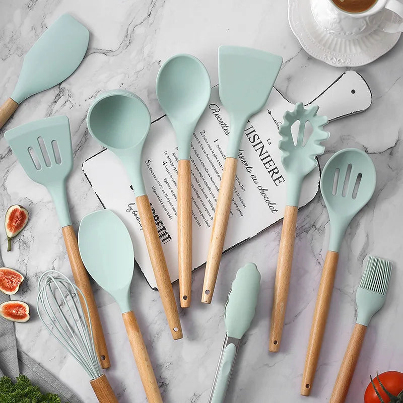 Juego de utensilios de cocina de silicona con mango, olla antiadherente, juego de utensilios de cocina, cubo de almacenamiento, accesorios resistentes, 12 Uds.