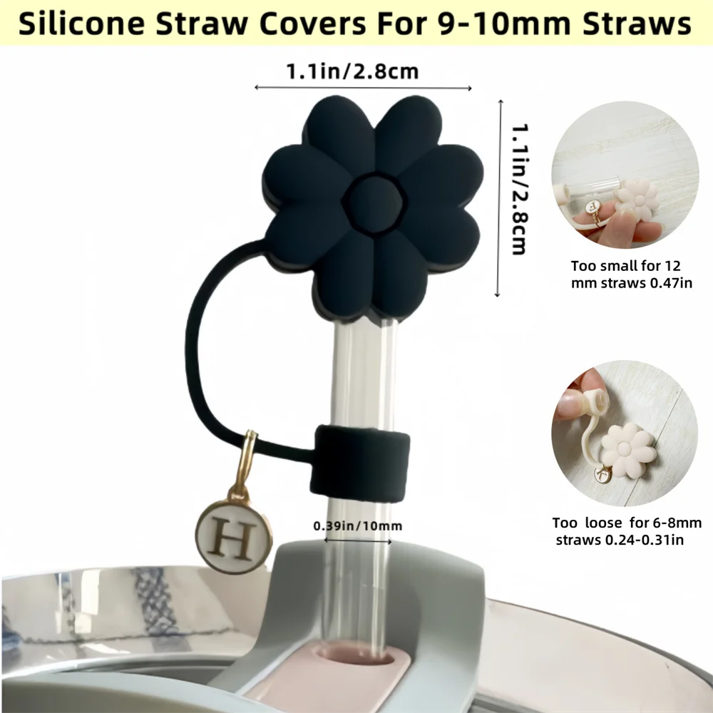 Accesorio negro Tapa de paja, cubierta de paja de silicona con flores de 26 letras Cubierta de paja a prueba de polvo adecuada para botellas de vidrio y agua