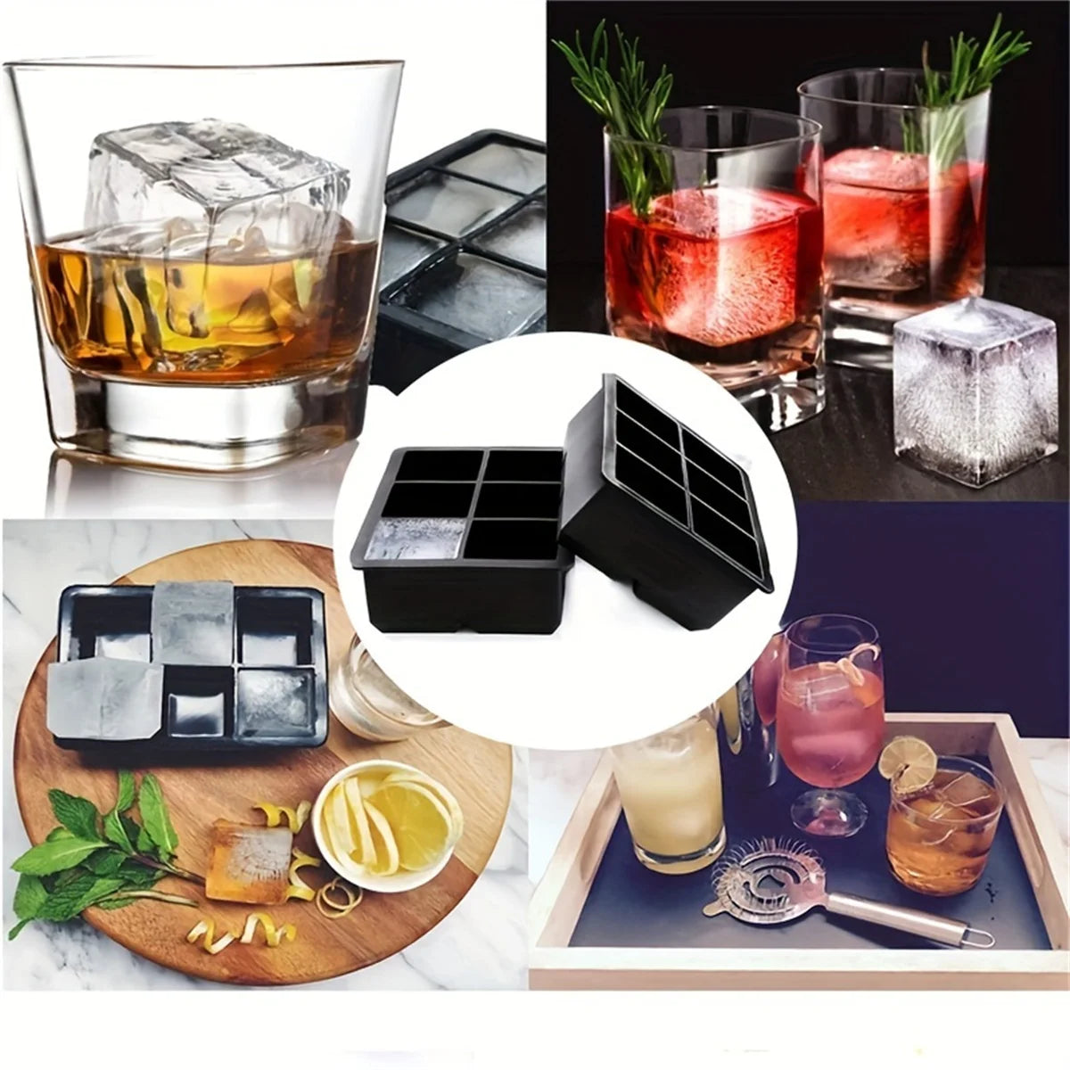 Molde grande para bandeja de cubitos de hielo de silicona, sin BPA, molde para cubitos de hielo de calidad alimentaria, Flexible, 6 agujeros de fácil liberación, hielo de fusión lenta para whisky