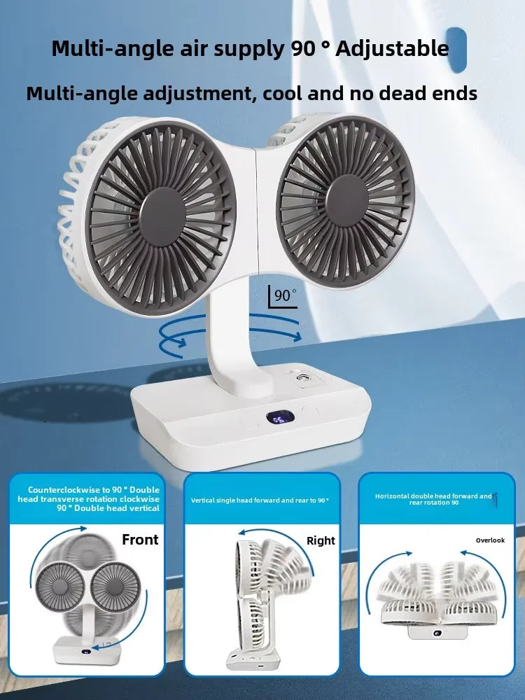 Ventilador de escritorio de doble cabezal, ventilador de 4 engranajes, refrigeración rápida por viento, pantalla Digital, gran capacidad de 2024 mAh, para el hogar, novedad de 12000