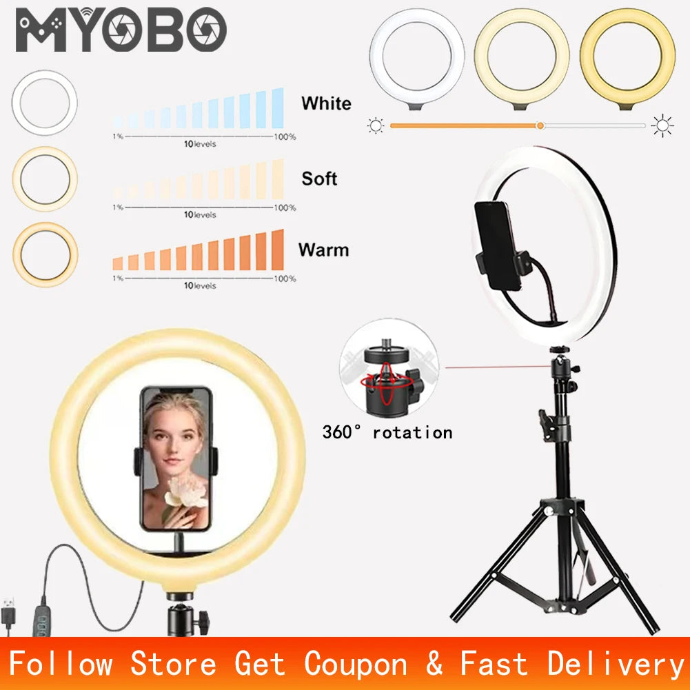 Lámpara de Belleza MYOBO de 10 Pulgadas y Kit de Trípode Plegable de 55 cm, Anillo de Luz LED Regulable para Fotografía/Vlogging/Transmisión en Vivo/Maquillaje/YouTube