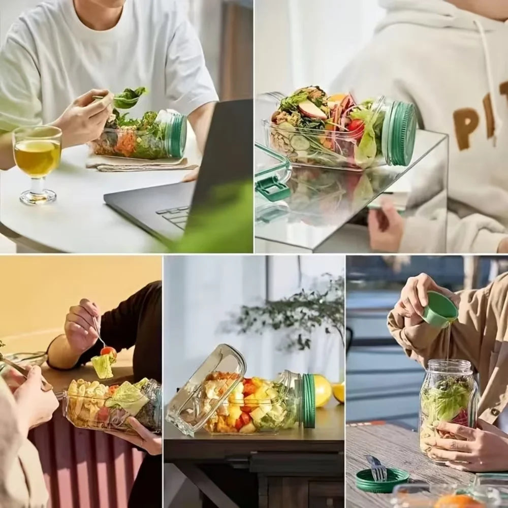 1 recipiente con apertura lateral para preparar y almacenar ensaladas, práctico contenedor para el almuerzo con caja para condimentos, adecuado para la oficina y viajes.