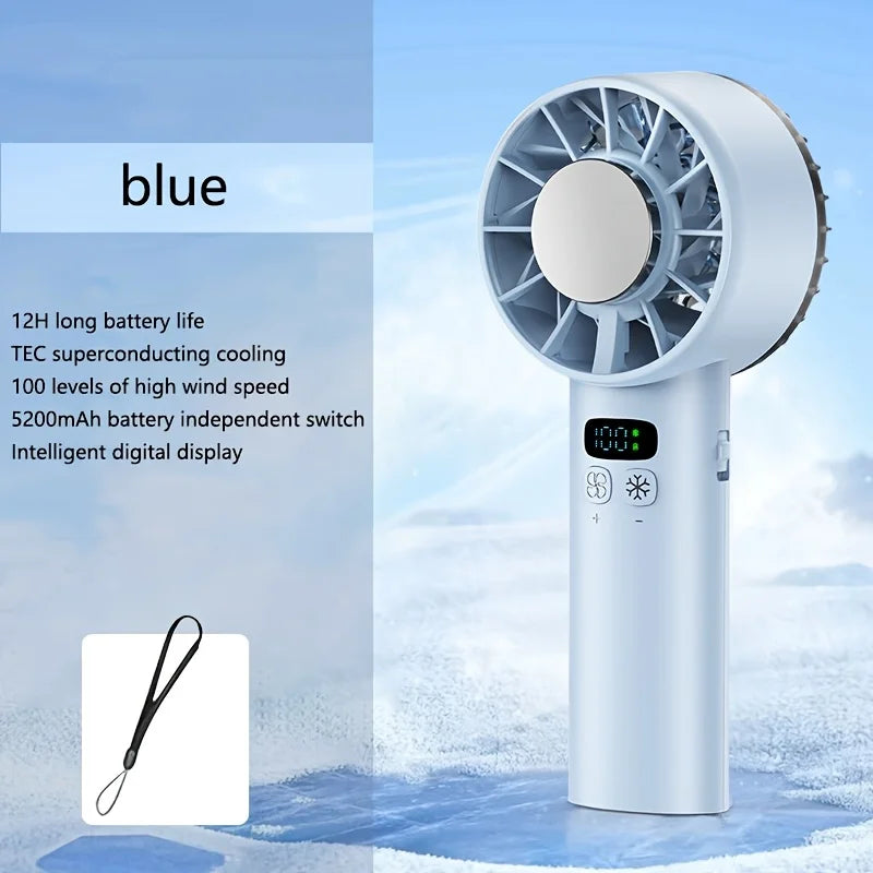 Ventilador portátil de mano de 5200mAh, pantalla LED, refrigeración Semiconductora, 100 velocidades, recargable por USB, ventilador para exteriores, Enfriador de hielo doble