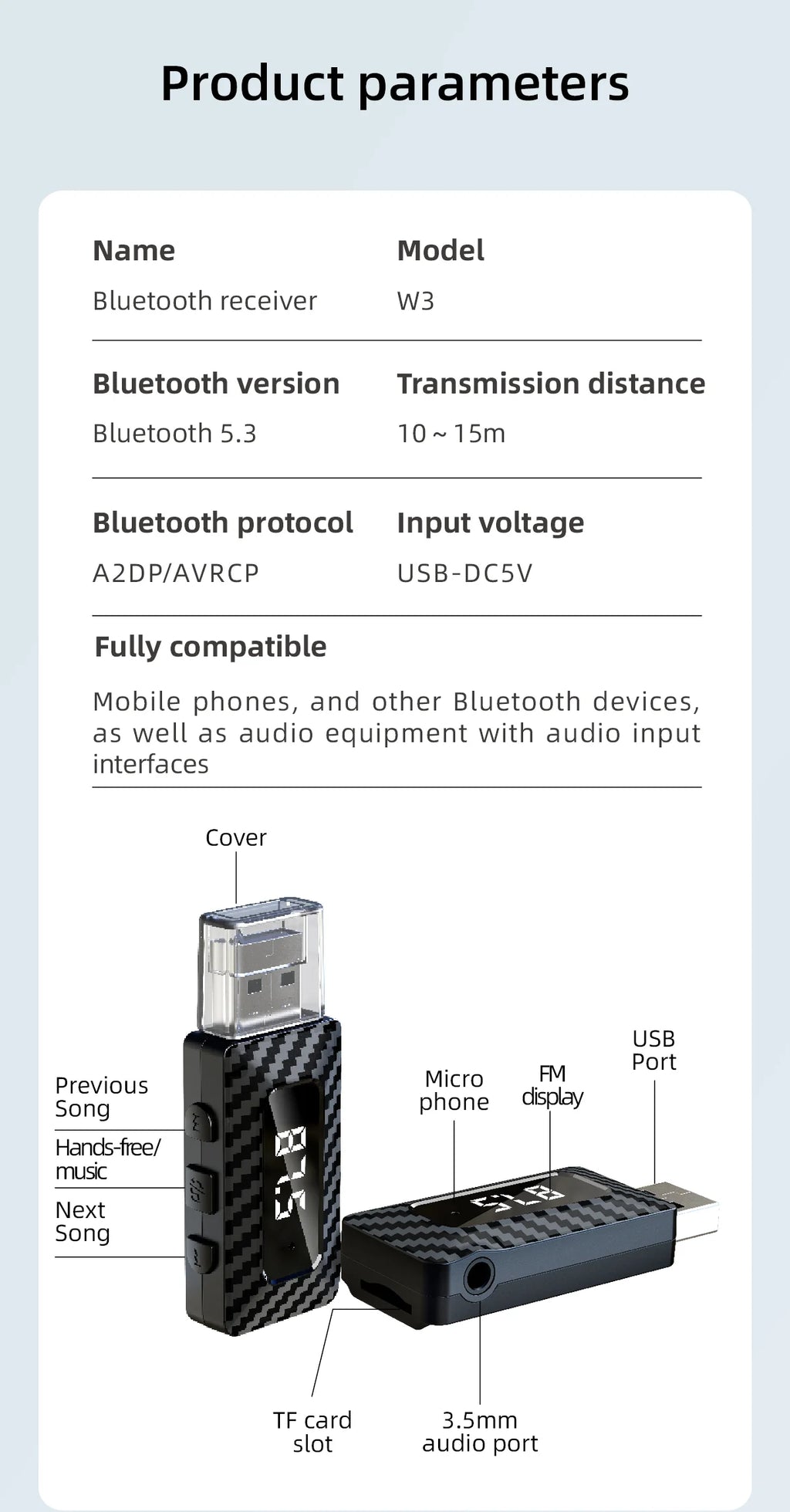 Receptor Bluetooth para Auto con Lector TF y Manos Libres