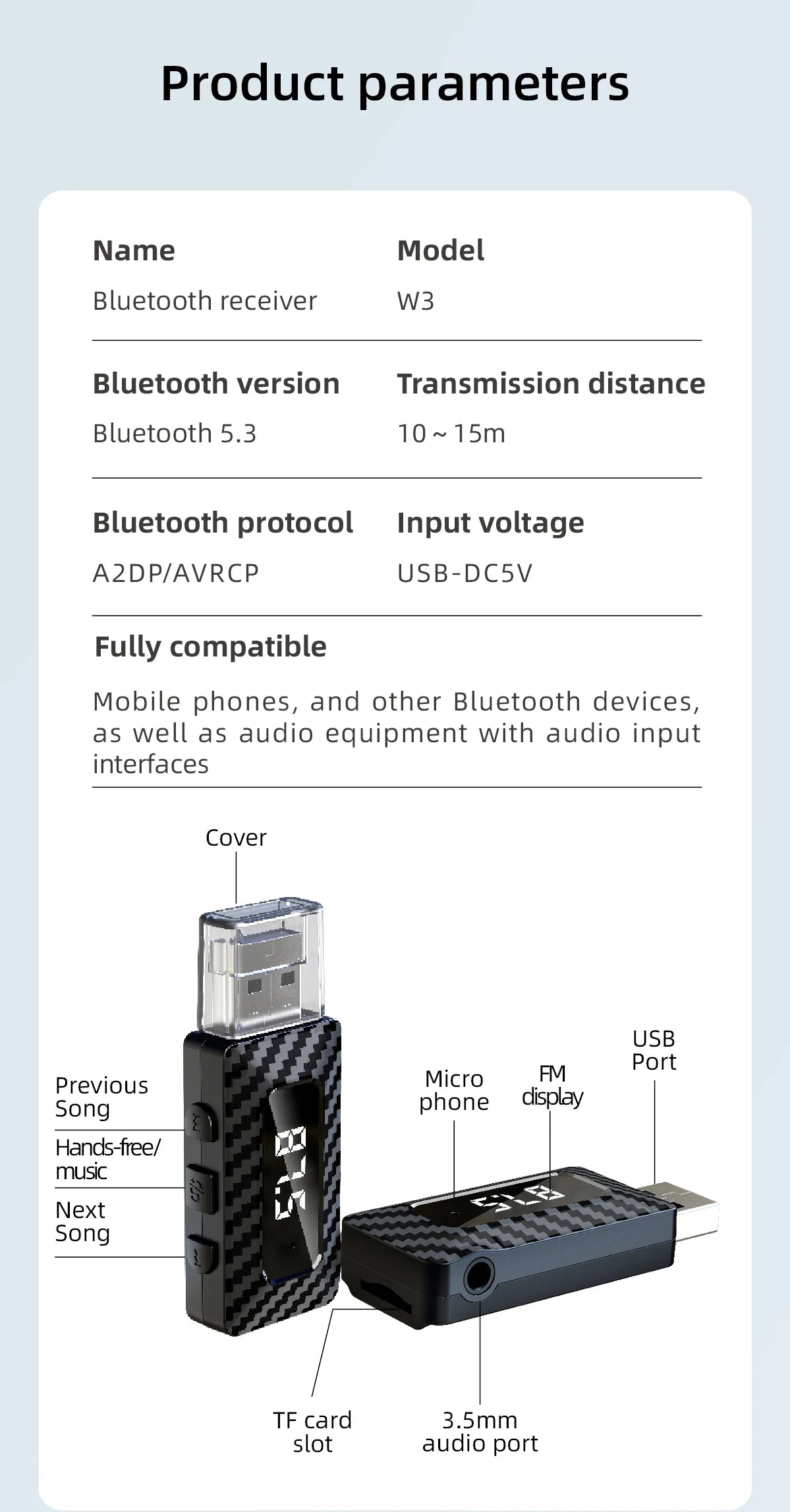 Receptor Bluetooth para Auto con Lector TF y Manos Libres