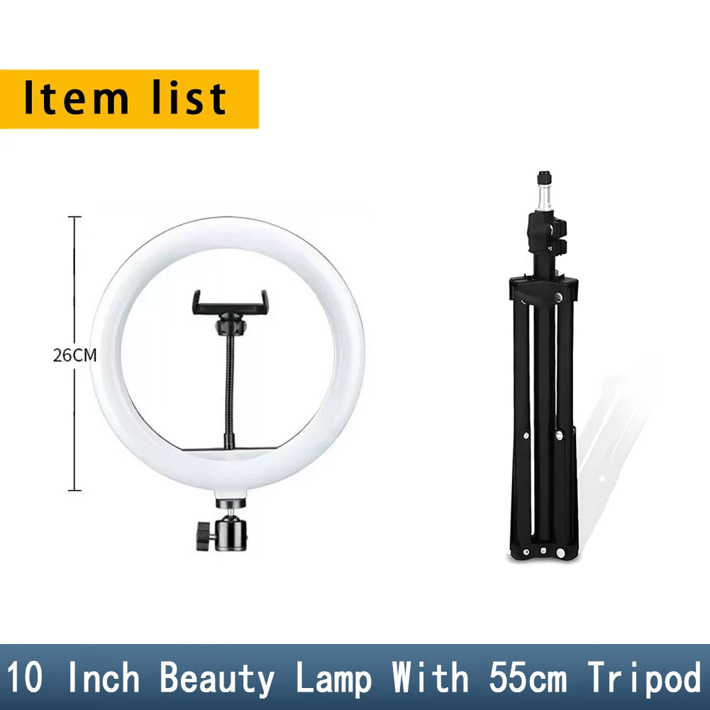 Lámpara de Belleza MYOBO de 10 Pulgadas y Kit de Trípode Plegable de 55 cm, Anillo de Luz LED Regulable para Fotografía/Vlogging/Transmisión en Vivo/Maquillaje/YouTube