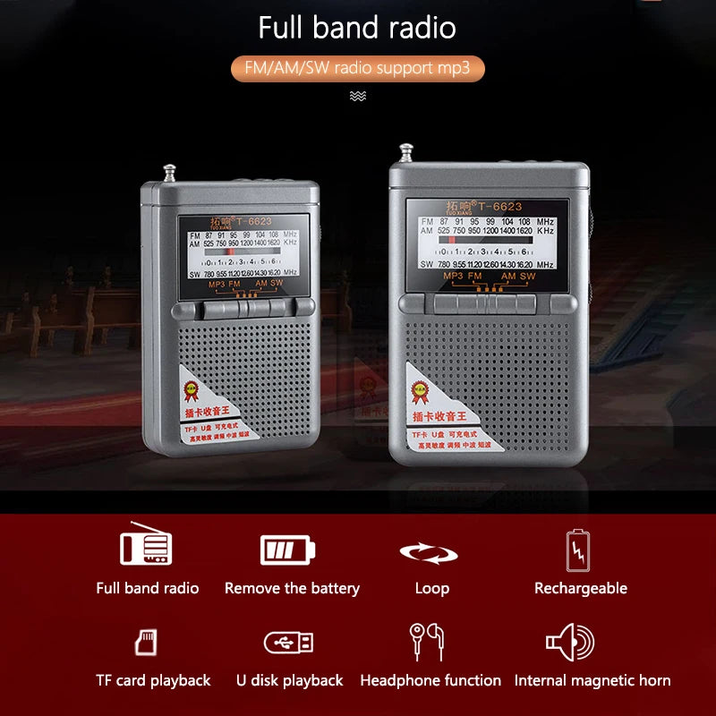 Radio FM AM SW de Banda Mundial con Tarjeta TF y Auriculares