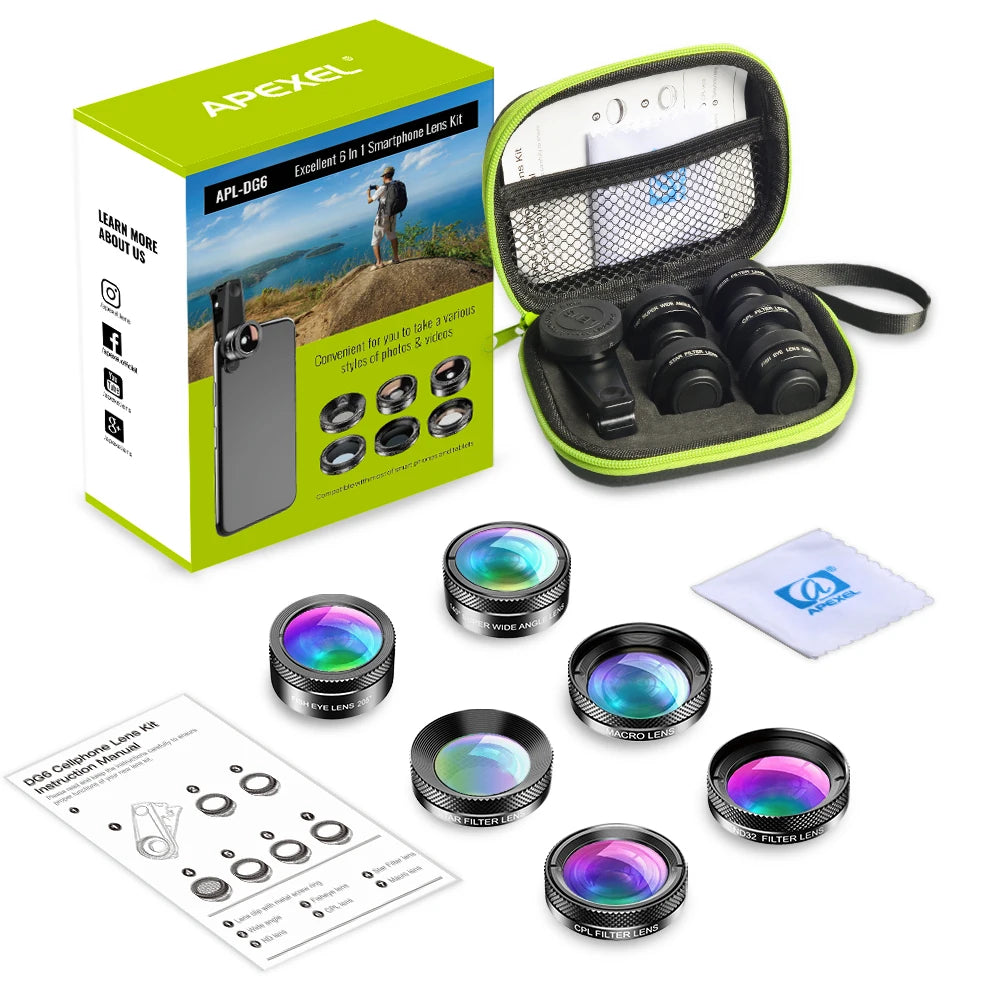 Kit 6 en 1 Lentes para Cámara de Teléfono APEXEL Universal