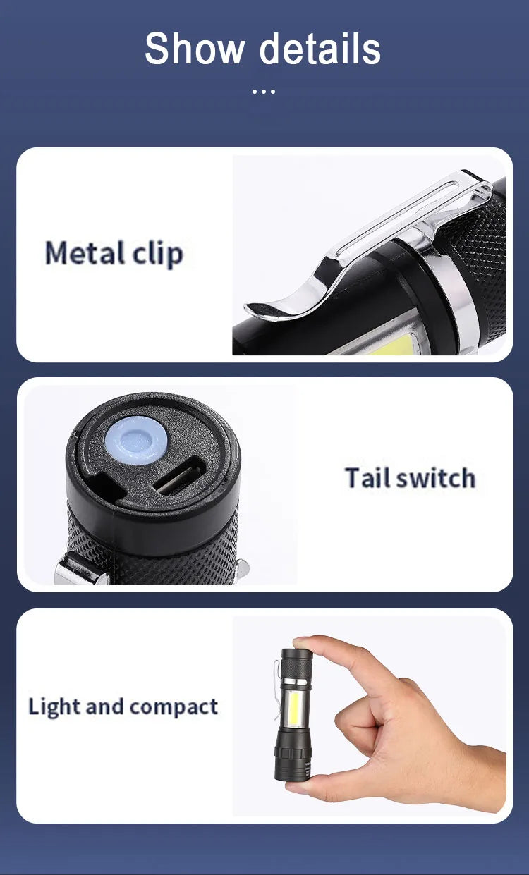 Linterna LED Recargable COB T6 con Zoom 3 Modos Impermeable