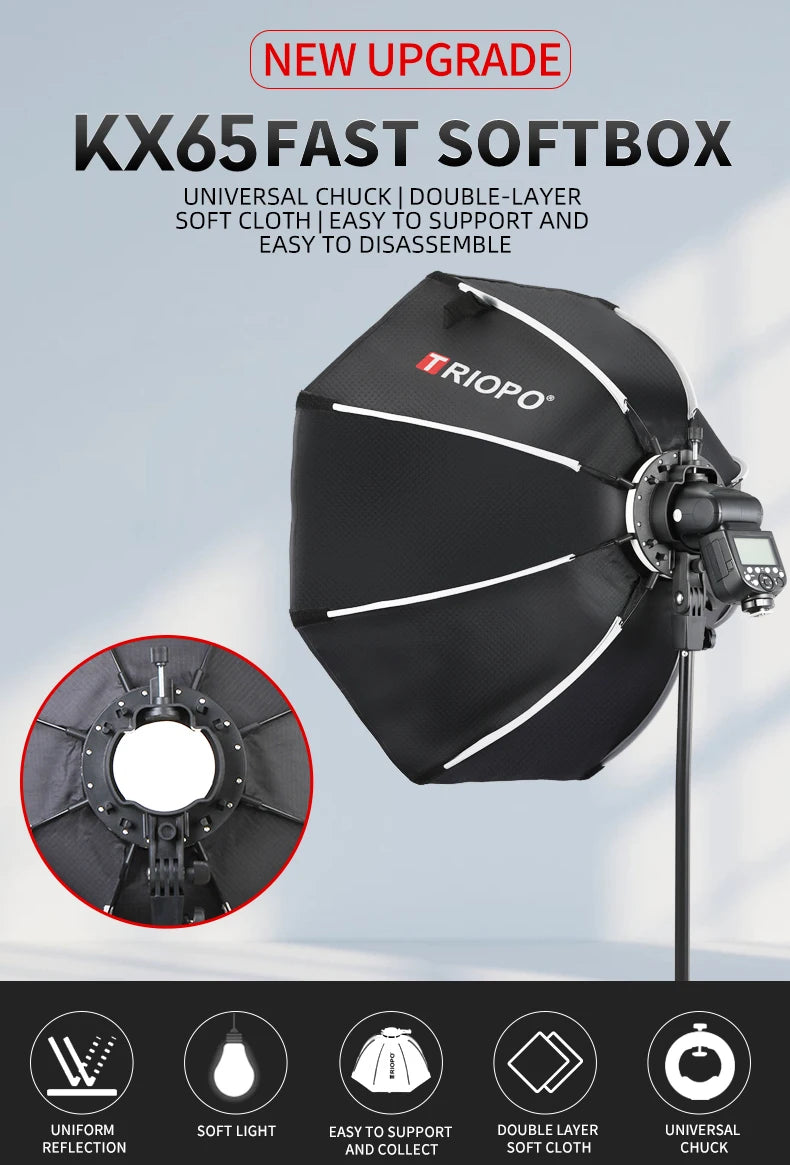TRIOPO - Caja de Luz Octogonal Tipo Sombrilla KX de 65 cm, la Más Reciente, para Flash Godox AD200 V1, Accesorios para Estudio de Fotografía