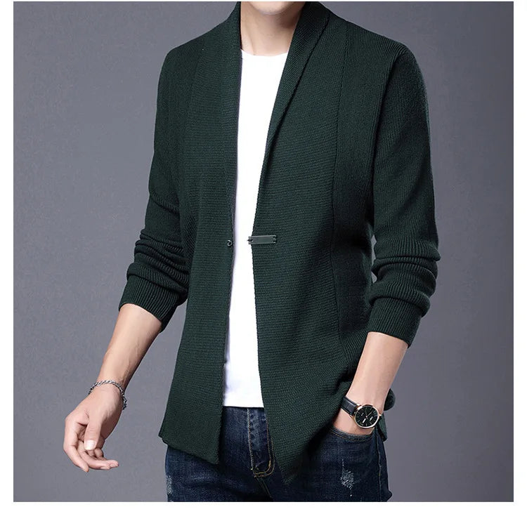 Cárdigan de punto ajustado de lana para hombre, ropa de calle de marca de alta calidad, suéter japonés, abrigos informales, chaqueta, ropa para hombre 2025