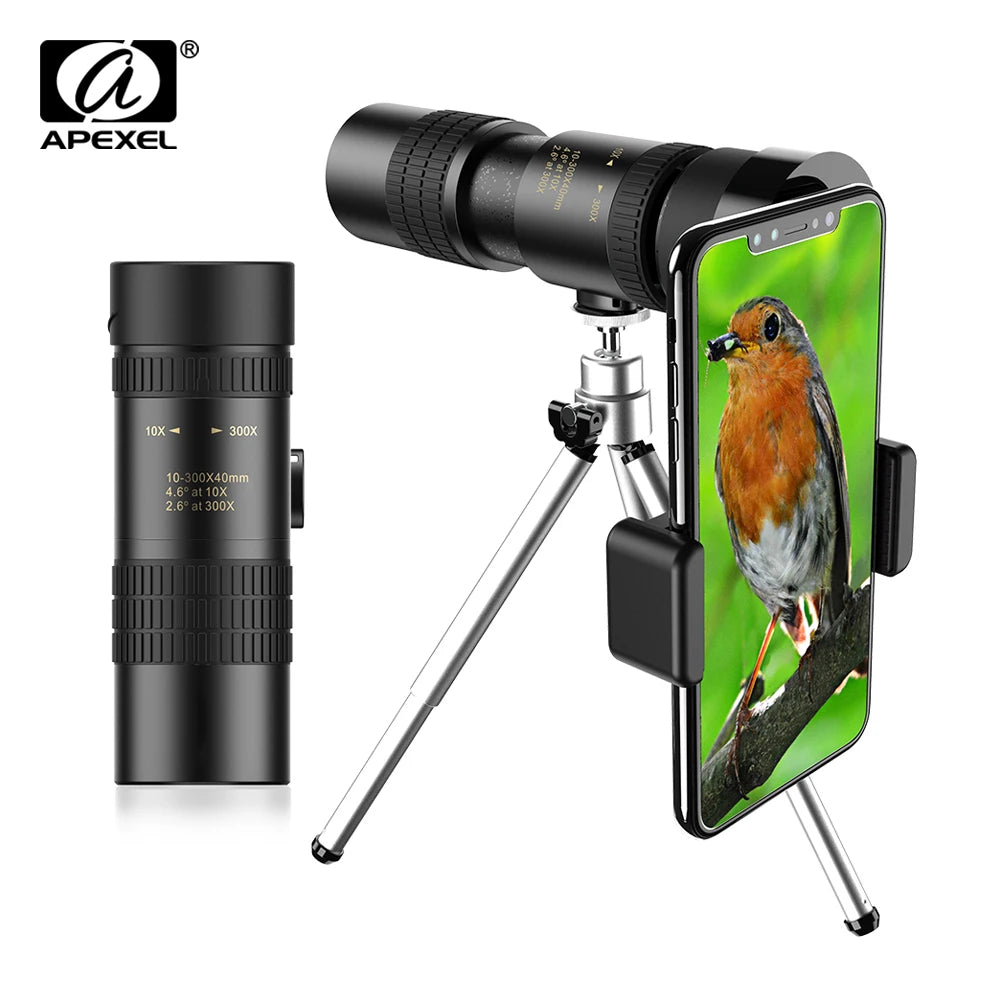Monocular Telescopio APEXEL HD 10-300x40 con Soporte para Teléfono