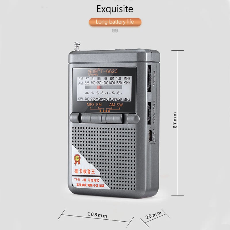 Radio FM AM SW de Banda Mundial con Tarjeta TF y Auriculares