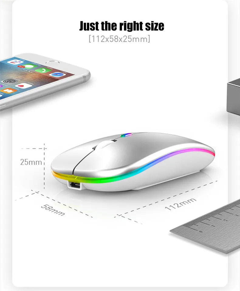 Ratón inalámbrico LED, recargable por USB, compatible con Bluetooth, RGB, silencioso, ergonómico, con retroiluminación, para ordenador portátil, PC y ipad