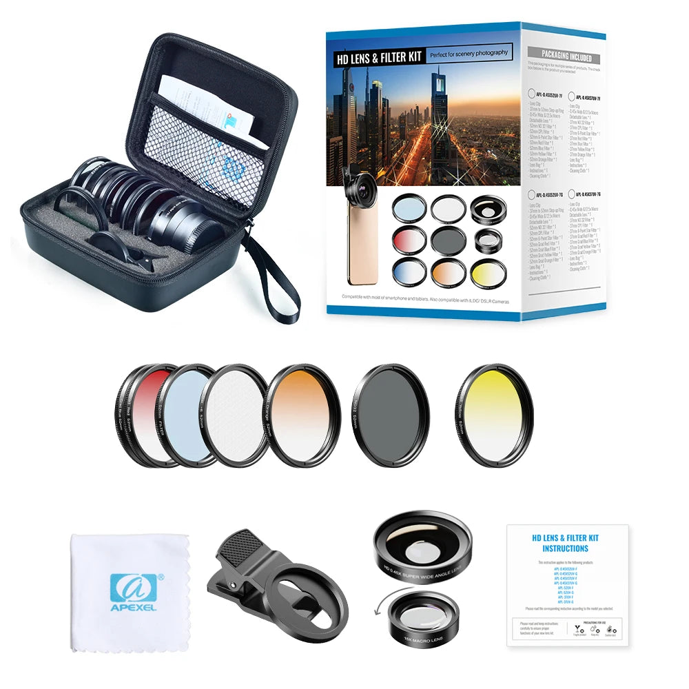 Kit APEXEL 7 Filtros de Lente 52mm para Cámara y Celular