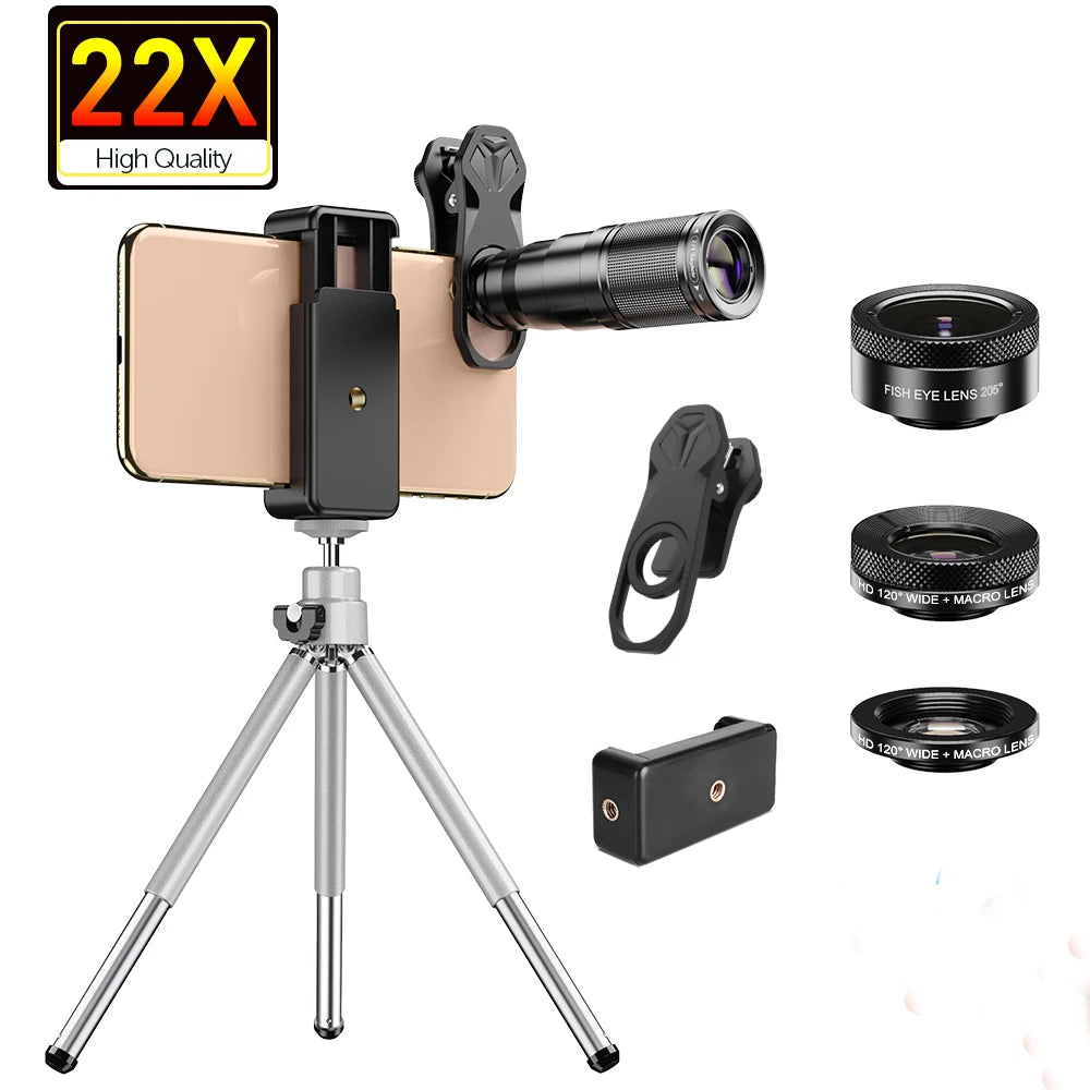 Kit Lentes 4 en 1 con Telescopio 22X para Teléfono APEXEL