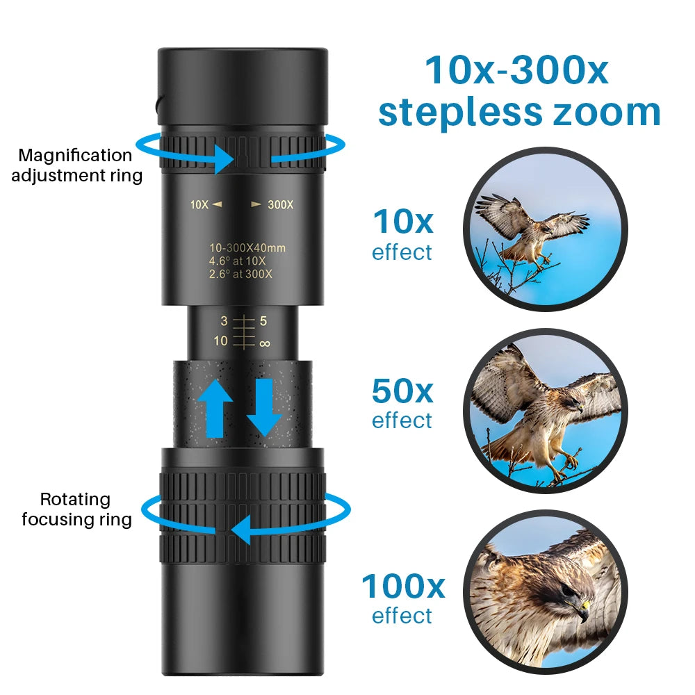 Monocular Telescopio APEXEL HD 10-300x40 con Soporte para Teléfono
