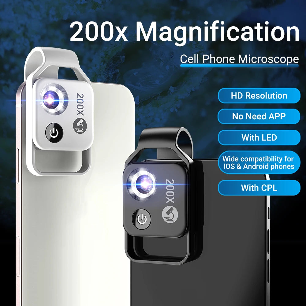 Lente Microscopio 200X para Teléfono con Luz LED y Filtro CPL
