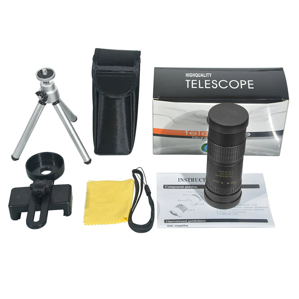 Monocular Telescopio APEXEL HD 10-300x40 con Soporte para Teléfono