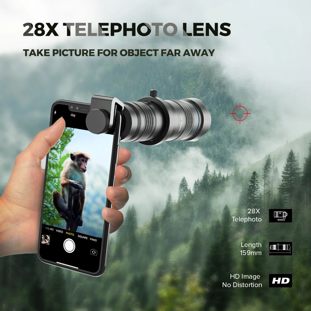 Lente Telescópica APEXEL 28x para Smartphone con Trípode