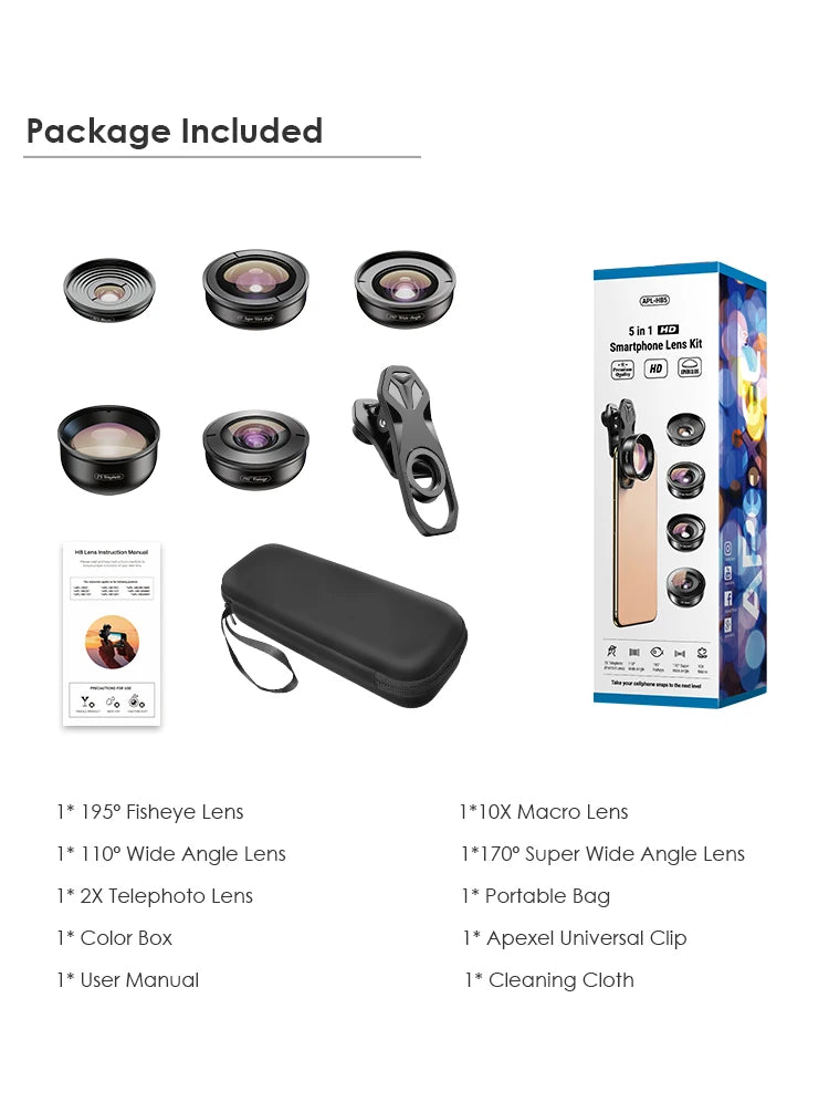 Kit 5 en 1 de Lentes APEXEL 4K HD para Cámara de Teléfono