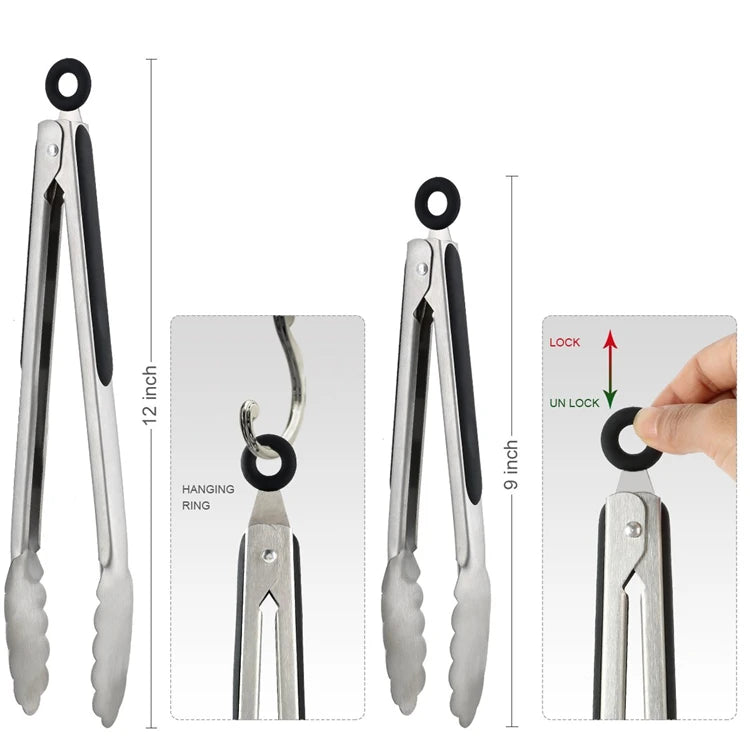 LMETJMA 9 ''12'' 14'' 16 ''pinzas de cocina pinzas de parrilla de acero inoxidable para cocinar barbacoa pinzas antideslizantes para ensalada Clips KC0312