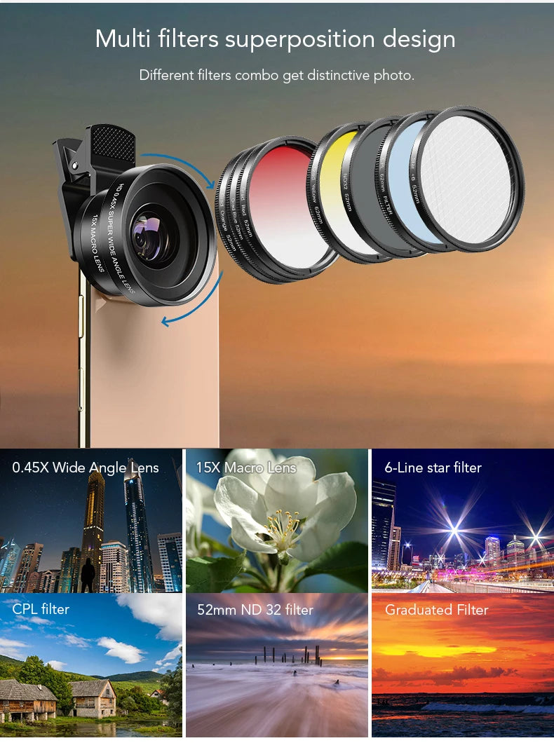 Kit APEXEL 7 Filtros de Lente 52mm para Cámara y Celular