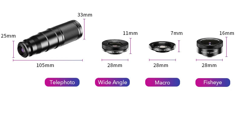 Kit Lentes 4 en 1 para Teléfono: Zoom 22X, Macro y Ojo de Pez