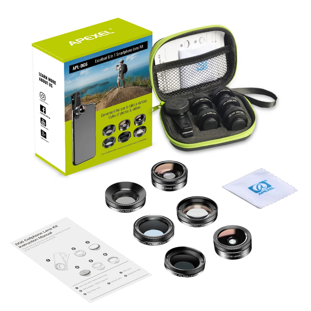 Kit Lentes de Cámara 6 en 1 para Celular Ojo de Pez Gran Angular