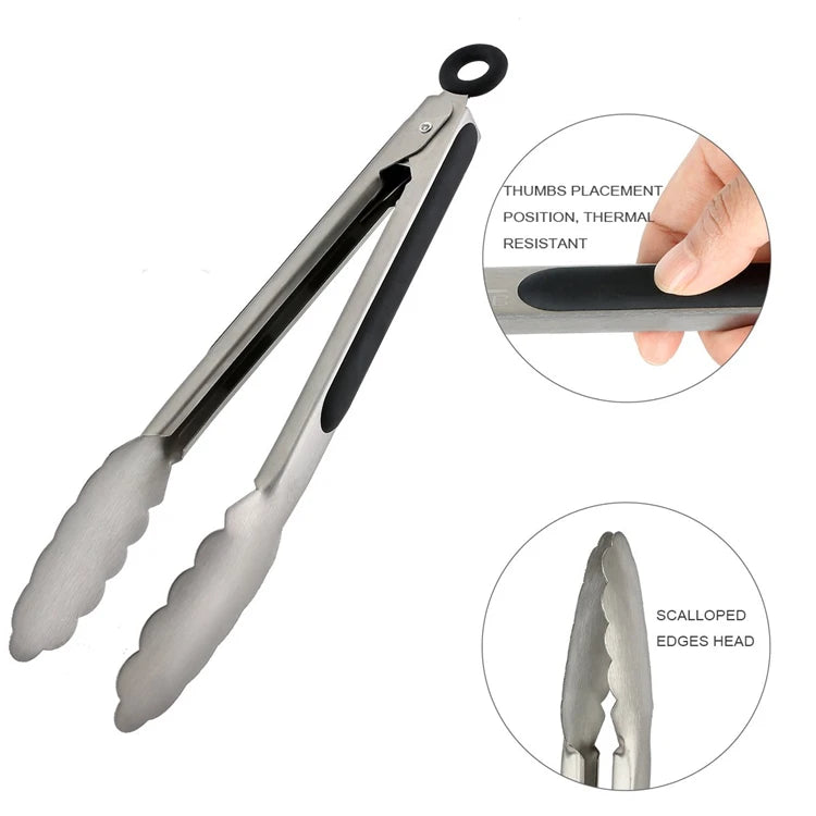 LMETJMA 9 ''12'' 14'' 16 ''pinzas de cocina pinzas de parrilla de acero inoxidable para cocinar barbacoa pinzas antideslizantes para ensalada Clips KC0312