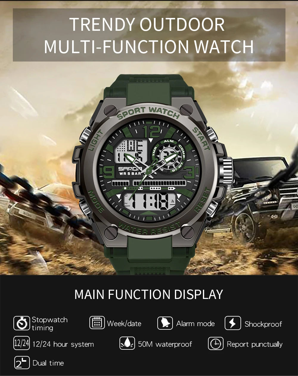Reloj Militar SANDA Pantalla Dual LED Digital para Hombre