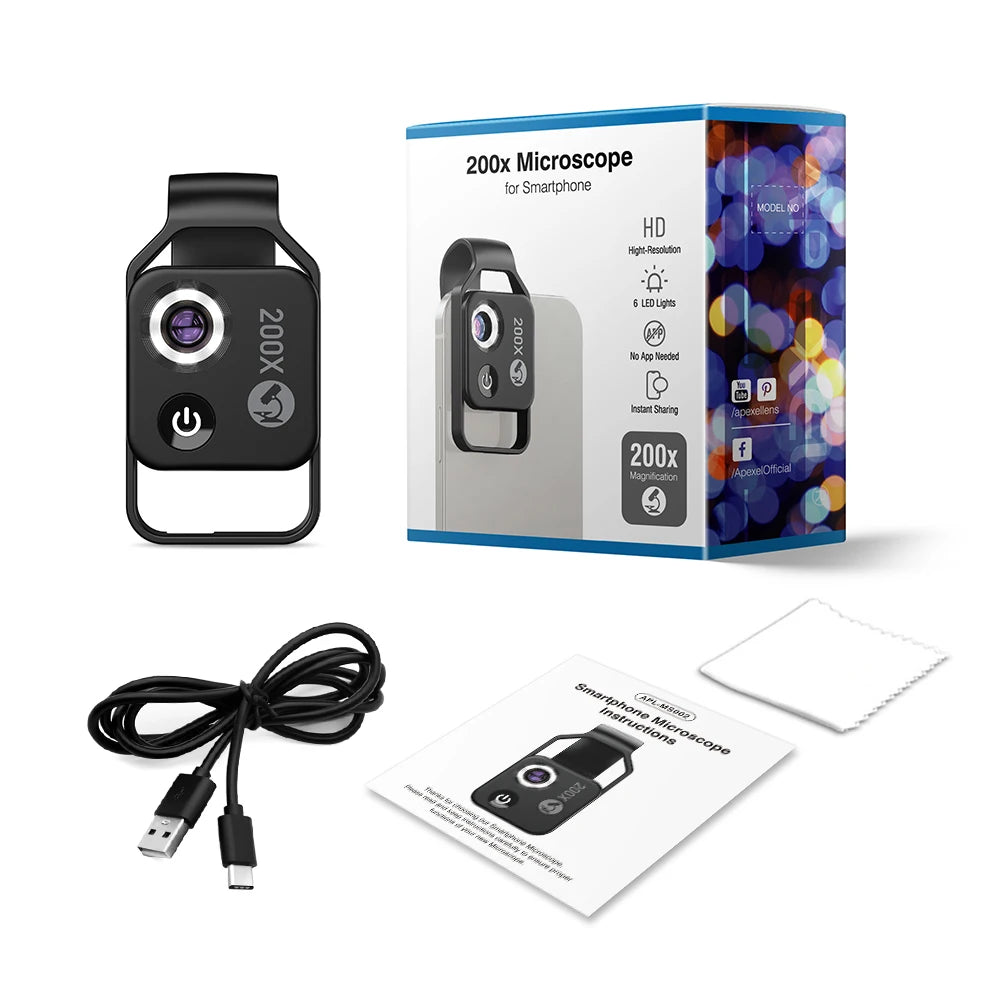 Lente Microscopio 200X para Teléfono con Luz LED y Filtro CPL