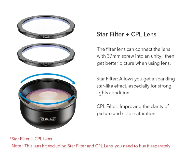 Lente Teleobjetivo APEXEL 2X HD con Filtros CPL y Estrella para iPhone Xiaomi