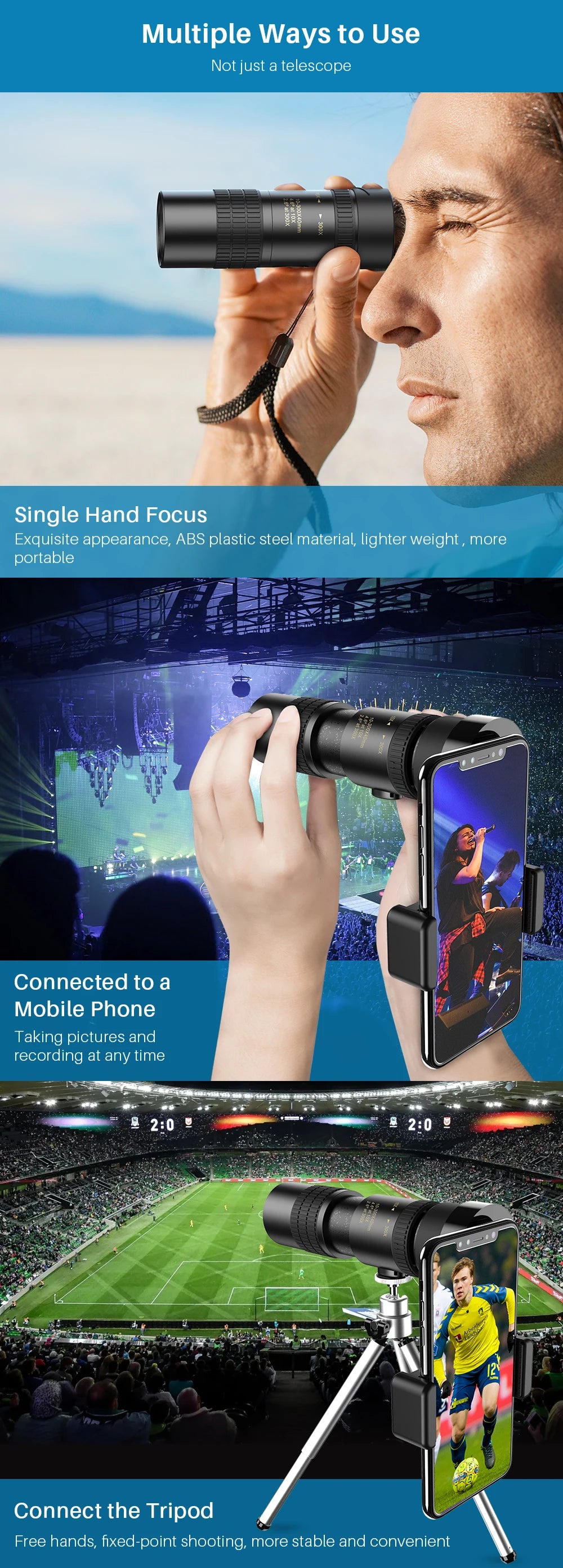 Monocular Telescopio APEXEL HD 10-300x40 con Soporte para Teléfono