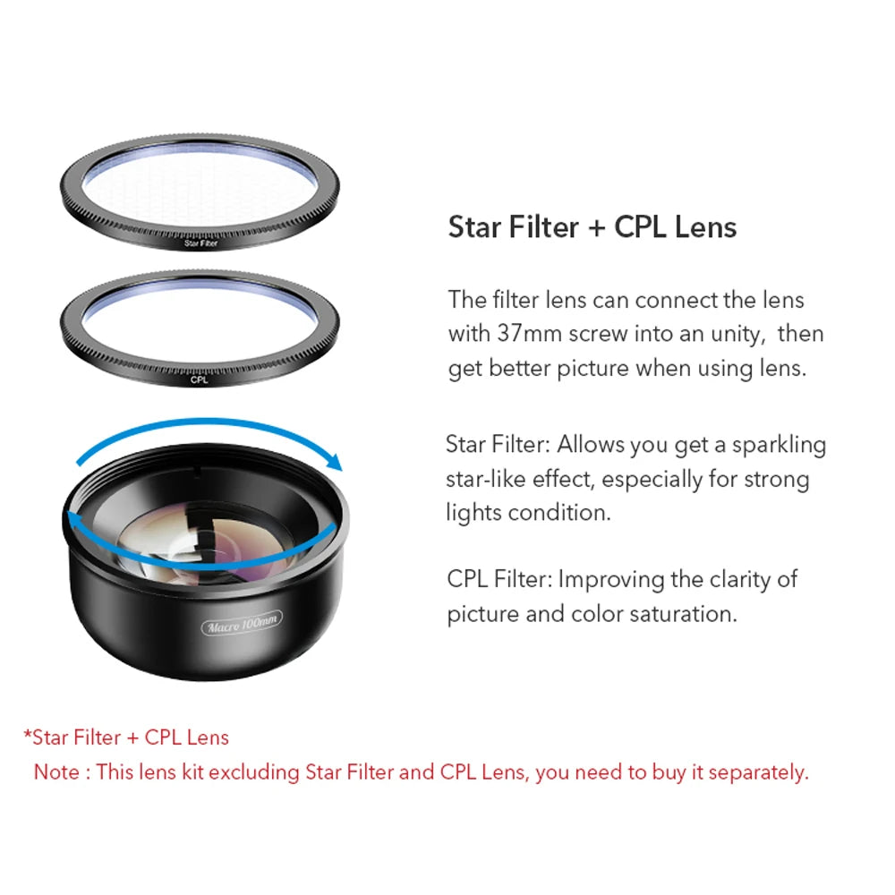 Lente Macro APEXEL 4K HD 100mm para Celular con Filtros CPL