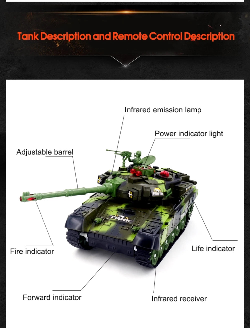 Tanque RC Grande 44cm Control Remoto Simulación Militar